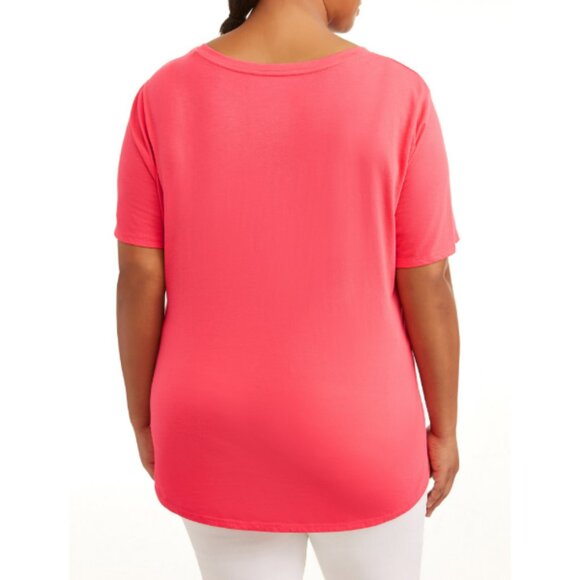 Terra & Sky Plus Size Relaxed V-Neck Short Sleeve Tee in Paradise Pink (Coral) - Picture 3 of 17